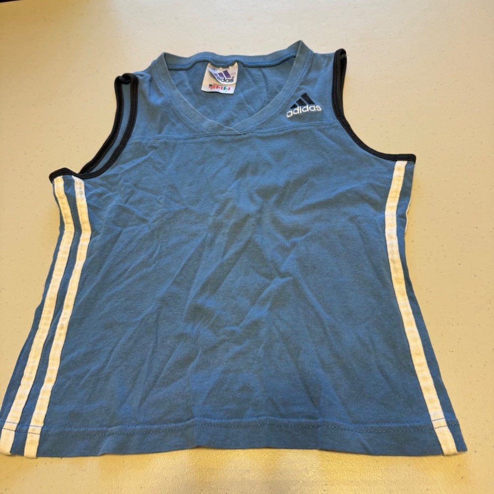 Vintage Y2K Adidas Girls Medium 8-10 Sleeveless Tank Top Blue 3-Stripe V-Neck - Picture 1 of 6